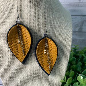 Boutique Leather Earrings, Layered Petel Style, Navy and Gold